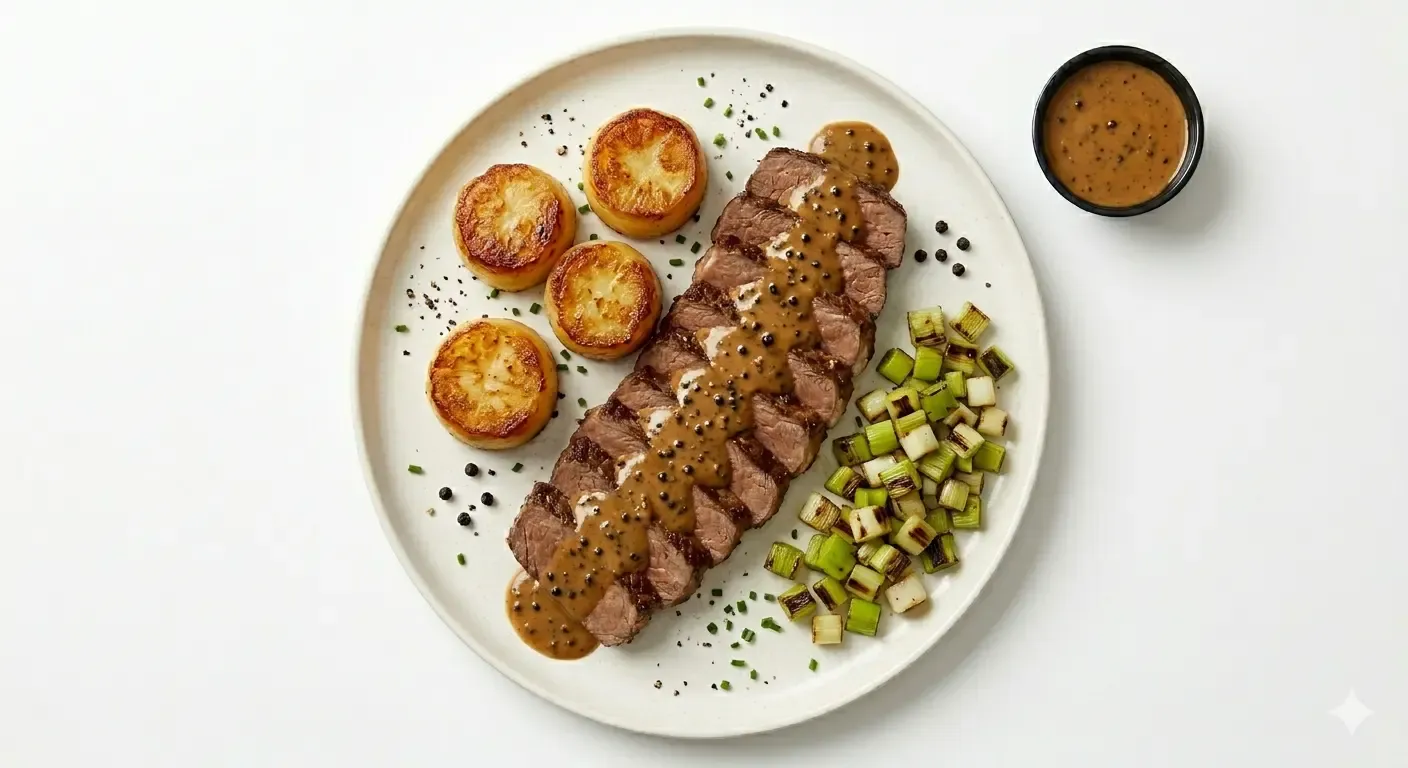 Steak Au Poivre With Potato Fondant & Charred Leeks
